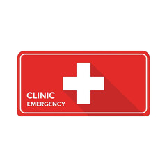 Obraz premium Red rectangular sign with white cross and text 'CLINIC EMERGENCY' on white background