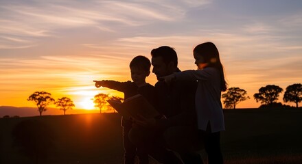 Obraz premium A family of three enjoying a beautiful sunset together outdoors