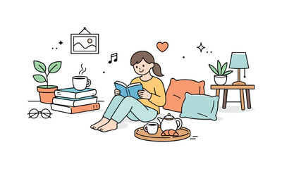 Fototapeta premium Peaceful weekend vibe. A calm scene combining leisure icons like books, plants, and cushions, expressing quiet enjoyment and a stress-free
