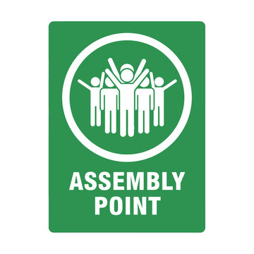 Assembly Point Sign: People Gathering Icon, Safety Evacuation Symbol, Green Background