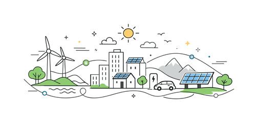 Naklejka premium Renewable Cityscape Vision. Future powered by renewables. A simplified city powered by solar and wind energy, calm and forward-looking. Abstract energy lines