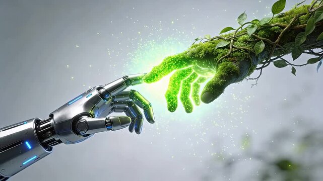 robot hand touching plant hand