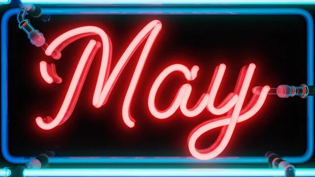 Neon May sign glowing brightly on dark background