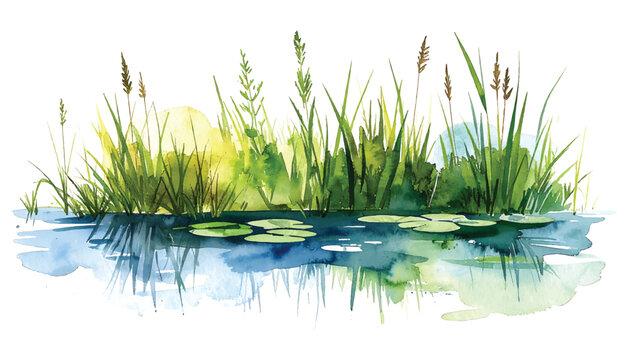 Watercolor painting of lush green reeds and lily pads on tranquil illutrastion transparent background