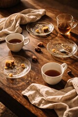Enjoying a warm cup of tea with a delicious pastry on a rustic wooden table, a moment of sweet indulgence