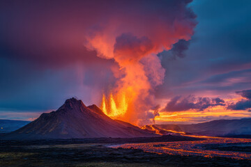 Fototapeta premium Volcanic Eruption with Flowing Lava in Iceland under a Dramatic Sunset Sky