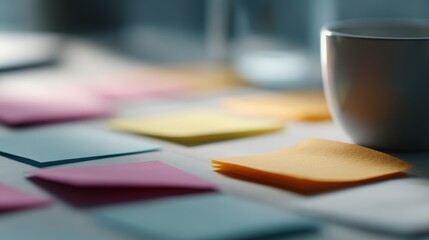 Fototapeta premium Working with post it notes planning teamwork collaboration, marketing moodboard office scene