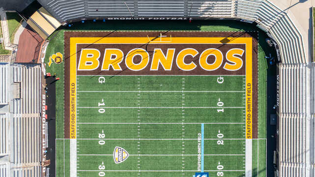 Kalamazoo, MI, USA - August 30, 2025: Waldo Stadium is home to the Western Michigan University Broncos football team, who compete in the Mid-American Conference (MAC). Aerial view.