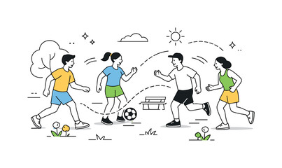 Naklejka premium Image Generation. Team play in the park. Friends coordinating passes and movement during a casual soccer game, expressing cooperation and shared fun. Abstract