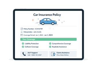 Image Generation. Car insurance policy page. A clean digital document interface with a car icon, policy details, and checkmarks, shown on a tablet or laptop