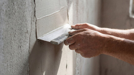 Artisan's diligent hands meticulously glide a trowel across a rugged wall, crafting a smooth, renewed surface indoors, embracing the daylight