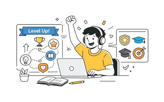 Gamified Learning Success. Personalized learning paths ? gamified progress tracking. A playful editorial scene with a student unlocking badges and leveling up