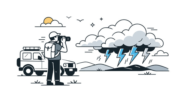 Extreme weather and storm chasing tourism. Storm chaser photographing dramatic clouds and lightning symbols on the horizon, standing beside a