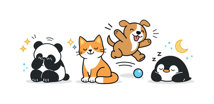 Animal personalities and quirks. A cozy editorial scene with animals displaying emotions through body language rather than details, creating