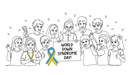 Fototapeta premium High-quality black continuous line art of classmates celebrating a small success together for World Down Syndrome Day