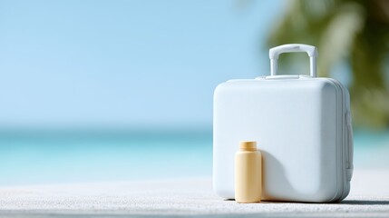 Obraz premium Full suitcase with travel accessories on tropical beach, vacation concept