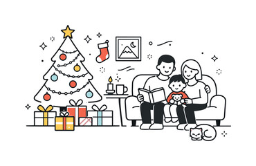 Christmas celebration. A simple living room scene with a decorated tree, gifts, and soft lights, quiet and warm. The mood reflects family