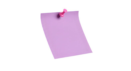 Lilac sticky note pinned with a pink push pin isolated on transparent background