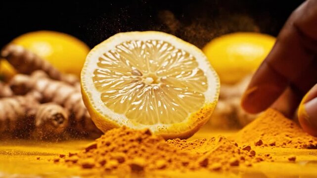 Hand picking up vibrant turmeric powder fresh lemon slice ginger roots dark background ingredient spice herb natural wellness