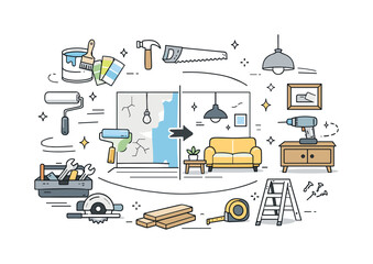 Home renovation concept. Tools, paint cans, and furniture elements neatly arranged around a central room, with subtle motion lines showing