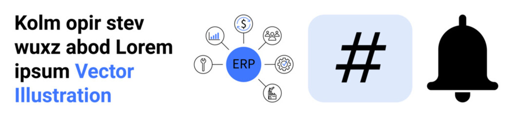 Obraz premium ERP node diagram with finance, analytics, and logistics icons, metadata tag in blue square, black notification bell. Ideal for technology, productivity, ERP integration, workflow business