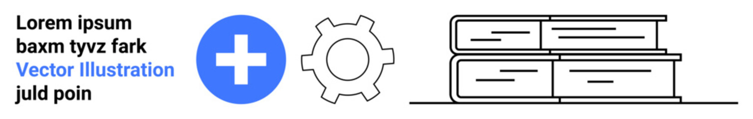 Obraz premium Circular blue plus sign, gear symbol, and stack of books. Ideal for healthcare, education, learning, knowledge, technology, innovation simple landing page