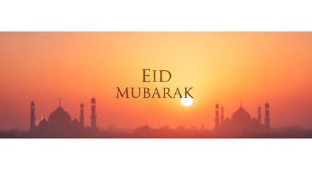 Obraz premium Festive Eid Mubarak Greeting Banner with Majestic Mosque Silhouettes Against a Radiant Sunset Sky