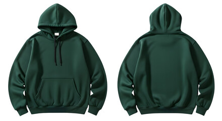 Dark green hooded sweatshirt mockup front and back view clothing apparel isolated on transparent background
