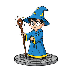 Obraz premium Cute cartoon boy wizard character holding magic staff in blue robe vector illustration.