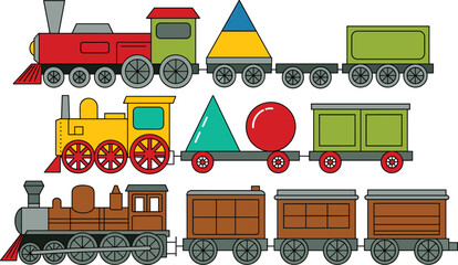 Colorful toy train cartoon icon set, locomotive wagon railway collection pack, flat vector illustration design, isolated white background © Vexora Studio