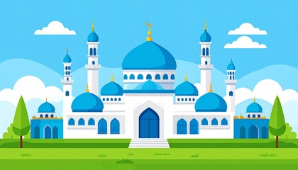 Fototapeta premium Islamic mosque with blue domes and minarets in sunny green landscape illustration