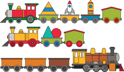 Cartoon toy train flat icon set, colorful locomotive wagon collection pack, vector illustration design set, isolated white background © Vexora Studio