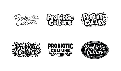 Obraz premium Probiotic culture lettering. Set lettering. harmonious lettering variations of the same emblematic concept, each with different artistic