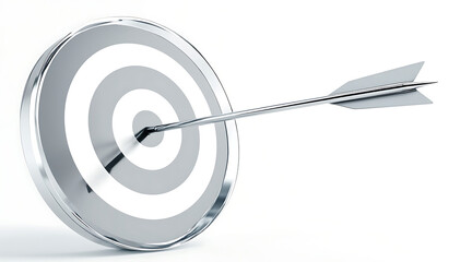 Silver metallic arrow piercing circular target center, precise aim and success depiction, reflective minimalist composition