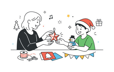 Family Holiday Crafting. Making holiday decorations together as a family ? teamwork moment. Parent and child exchanging finished decorations with a smile and