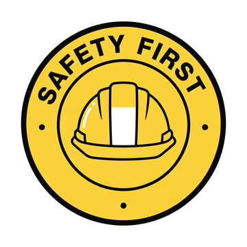 Yellow Safety First circle badge with construction helmet icon vector illustration.