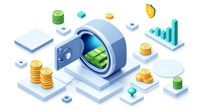 Open vault with stacked cash bundles and gold coin stacks in isometric finance scene showing secure savings and growth