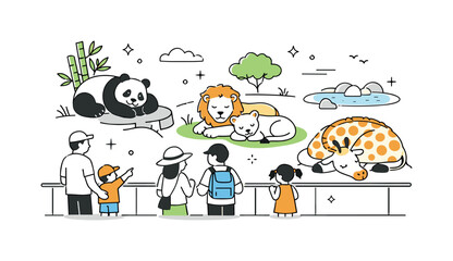 Fototapeta premium Coexistence in Harmony. Animal interactions in zoos and wildlife parks. Animals resting calmly while visitors watch from a respectful distance. Balanced scene