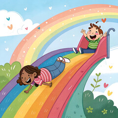 Cartoon little kids playing slide rainbow