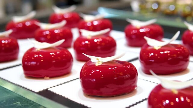 Glossy red heart shaped dessert, decorated with white chocolate feather and gold leaf, resting on a white doily alongside elegant black cutlery, exuding romance and luxury