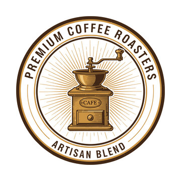 Premium Coffee Roasters logo with vintage grinder and artisan blend text vector illustration.