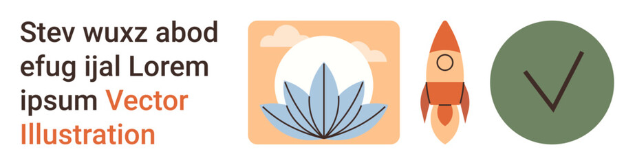 Business branding, personal growth, creativity, exploration, goal-setting, quality assurance. Minimal text, abstract lotus flower rocket and checkmark. Personal growth and creativity concept © robu_s