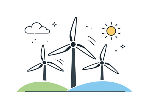 Future wind power. Stylized windmill blades rising above a simple landscape, sun and cloud icons arranged softly. Clean energy, optimism,
