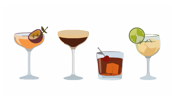 Glamour cocktail vector set with modern martini manhattan and gimlet drinks isolated on white background