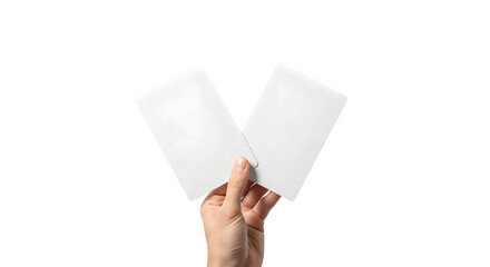 Hand holding two blank white cards in a v shape isolated on transparent background