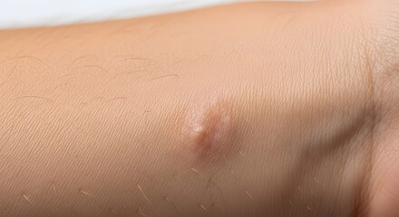 Fototapeta premium Close up of a red swollen bump on human skin, possibly from an insect bite or allergic reaction. Concept of dermatology, skin irritation, and inflammation. Hig
