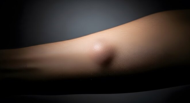 A prominent skin lump on a person's forearm, illustrating a lipoma or sebaceous cyst. Ideal for medical, dermatology, and healthcare education regarding benign