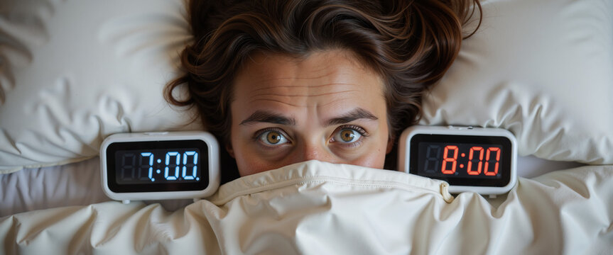 Woman lying in bed with alarm clocks showing different times, concept of Daylight Saving Time  