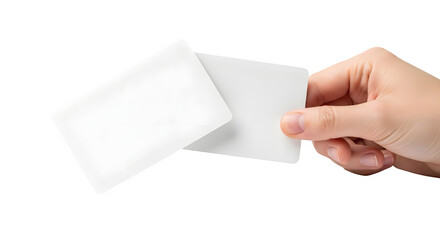 Hand holding blank white cards mockup for design presentation isolated on transparent background