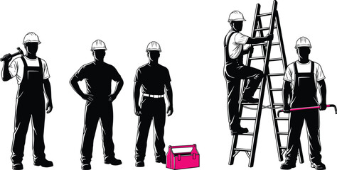 Black and white construction workers illustration showing professional builders with tools, ladder and toolbox, industrial labor teamwork, maintenance service, renovation concept, © Asha Moni